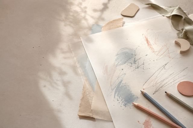 Papéis sobrepostos com marcas abstratas, lápis de cor e pequenas formas sob luz natural.